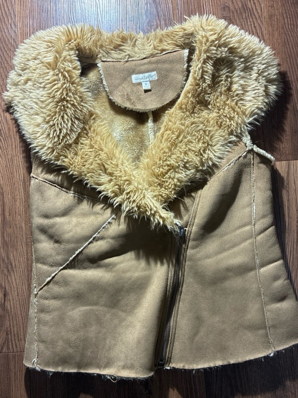 Vintage Charming Charlie Faux Suede Hooded Vest with Faux Fur Trim - Camel